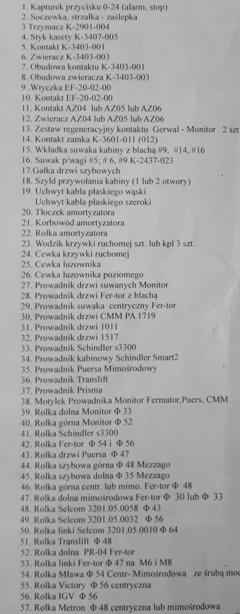 lista części zamiennych do windy